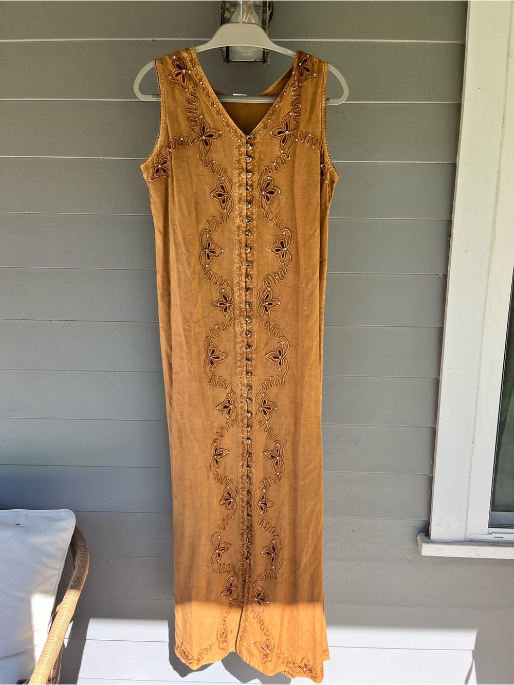 Embroidered Beaded Button V-Neck Maxi Dress Brown Free Size Cottagecore Boho VTG